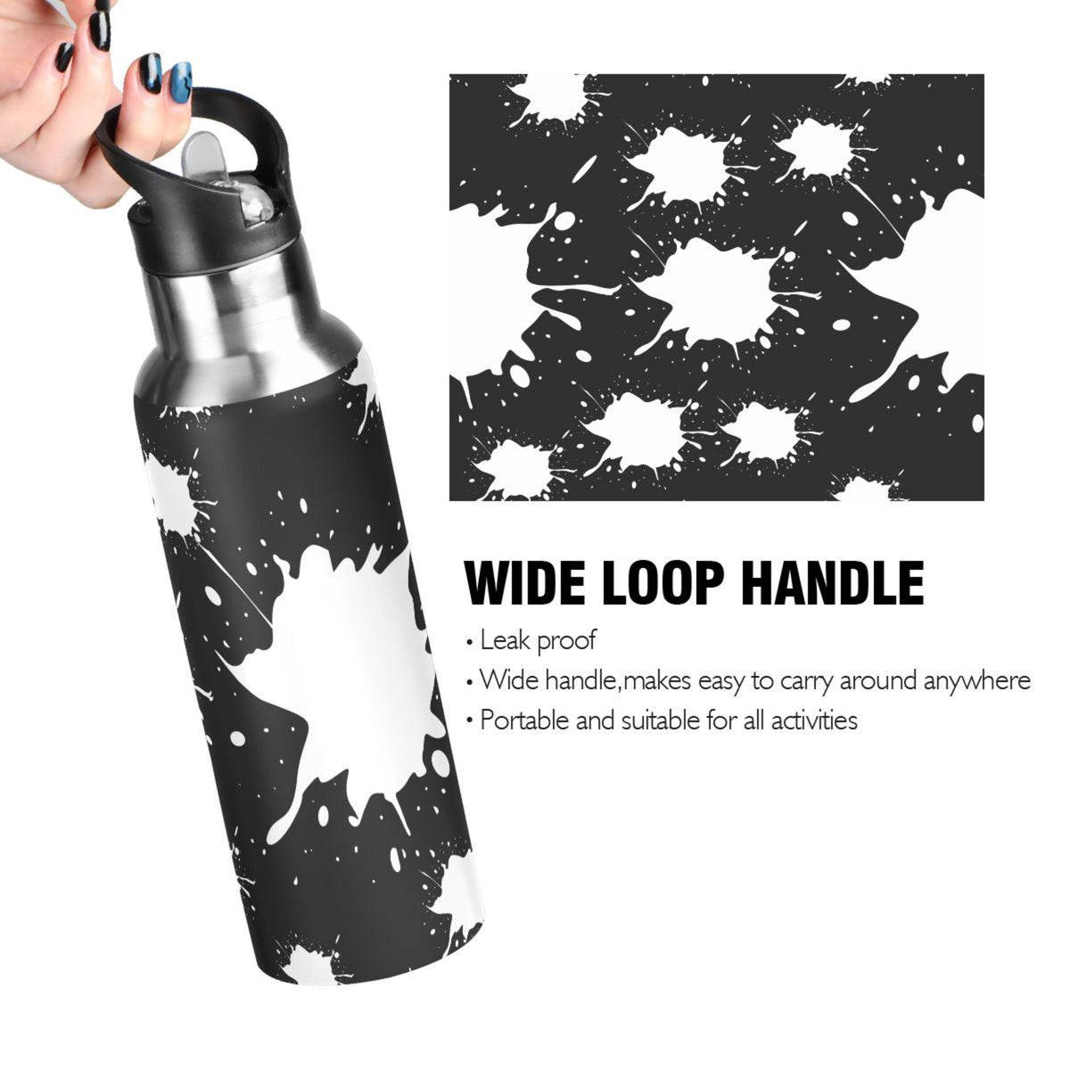 Black White 20 OZ Stainless Steel Vacuum Insulated Water Bottle with Straw Lid B96630