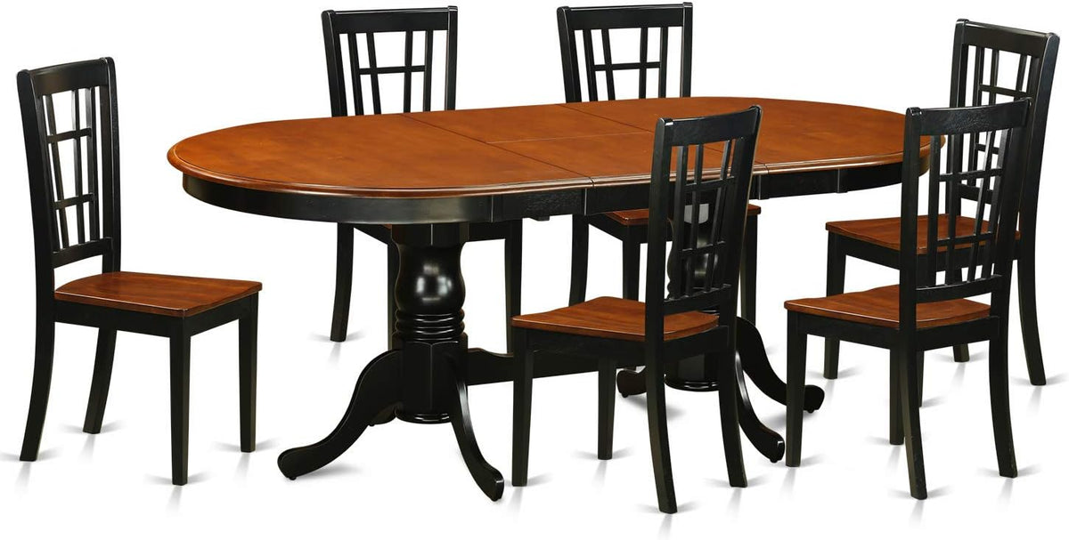 7 Piece Oval Dining Table with Butterfly Leaf and 6 Wood Seat Chairs, Black & Cherry U466
