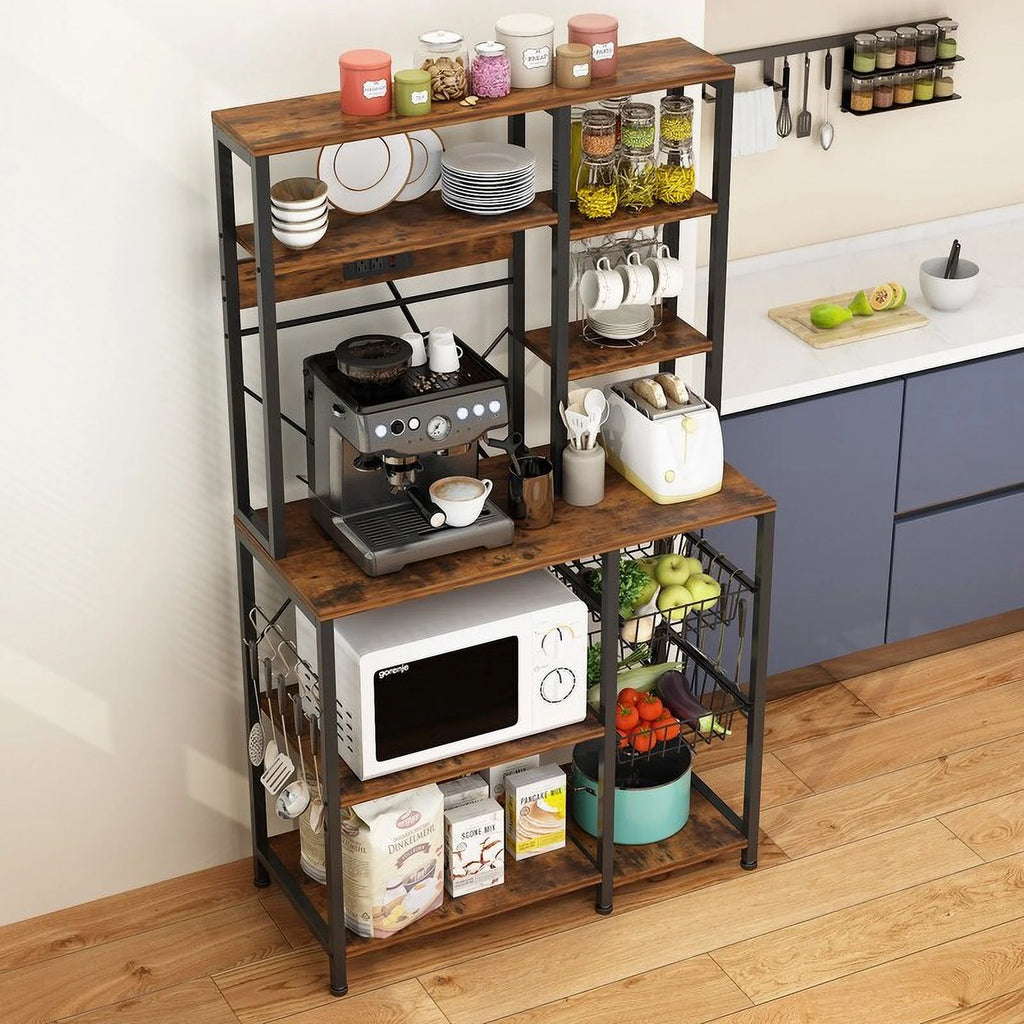 6 Layers Vintage Kitchen Baker's Rack with 10 S Hooks and Outlets C909