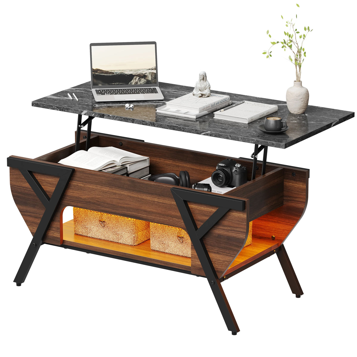 Lift Top Coffee Table with LED Lights and 2-Tier Storage Shelf P7271