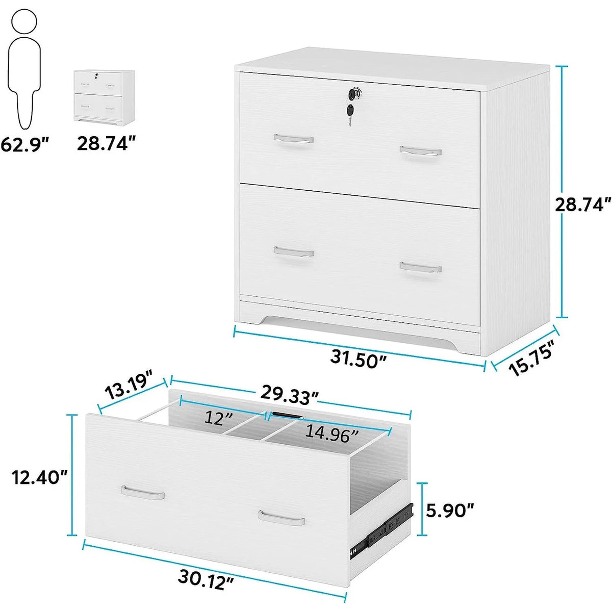 White 2-Drawer Wood File Cabinet with Lock J5895