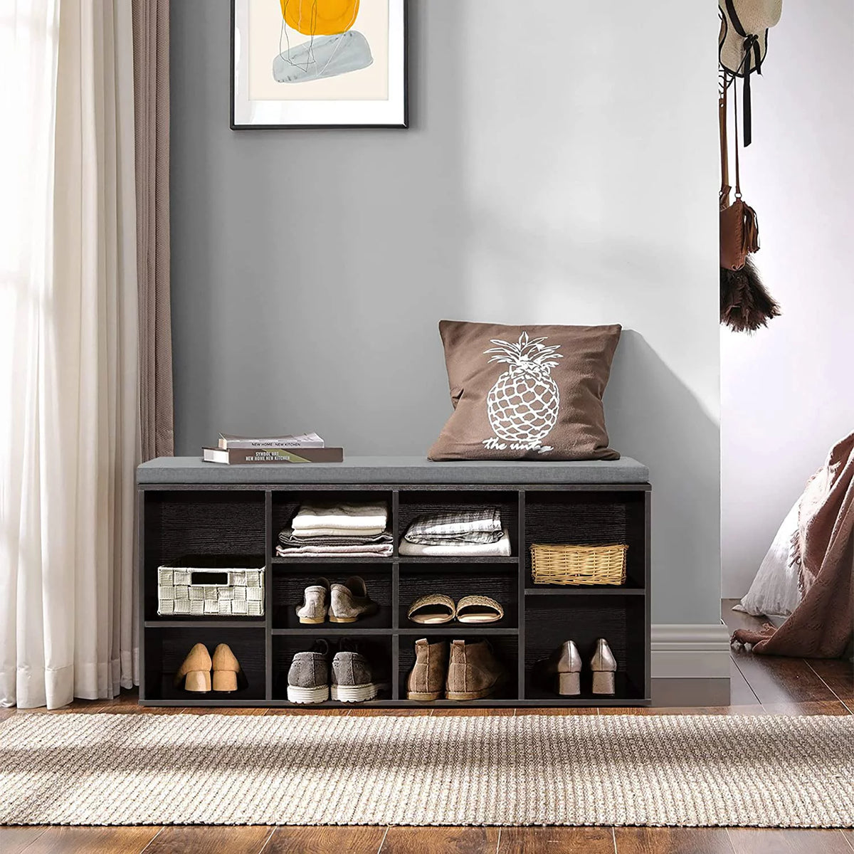 3 Tier Shoe Bench with Cushion Seat and Adjustable Shoe Rack U4376