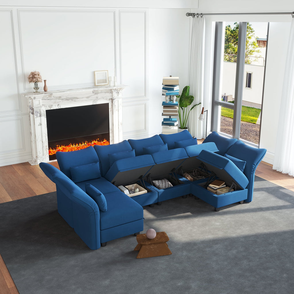 Blue Velvet U Shaped Modular Sectional Sofa with Storage Chaise G58335