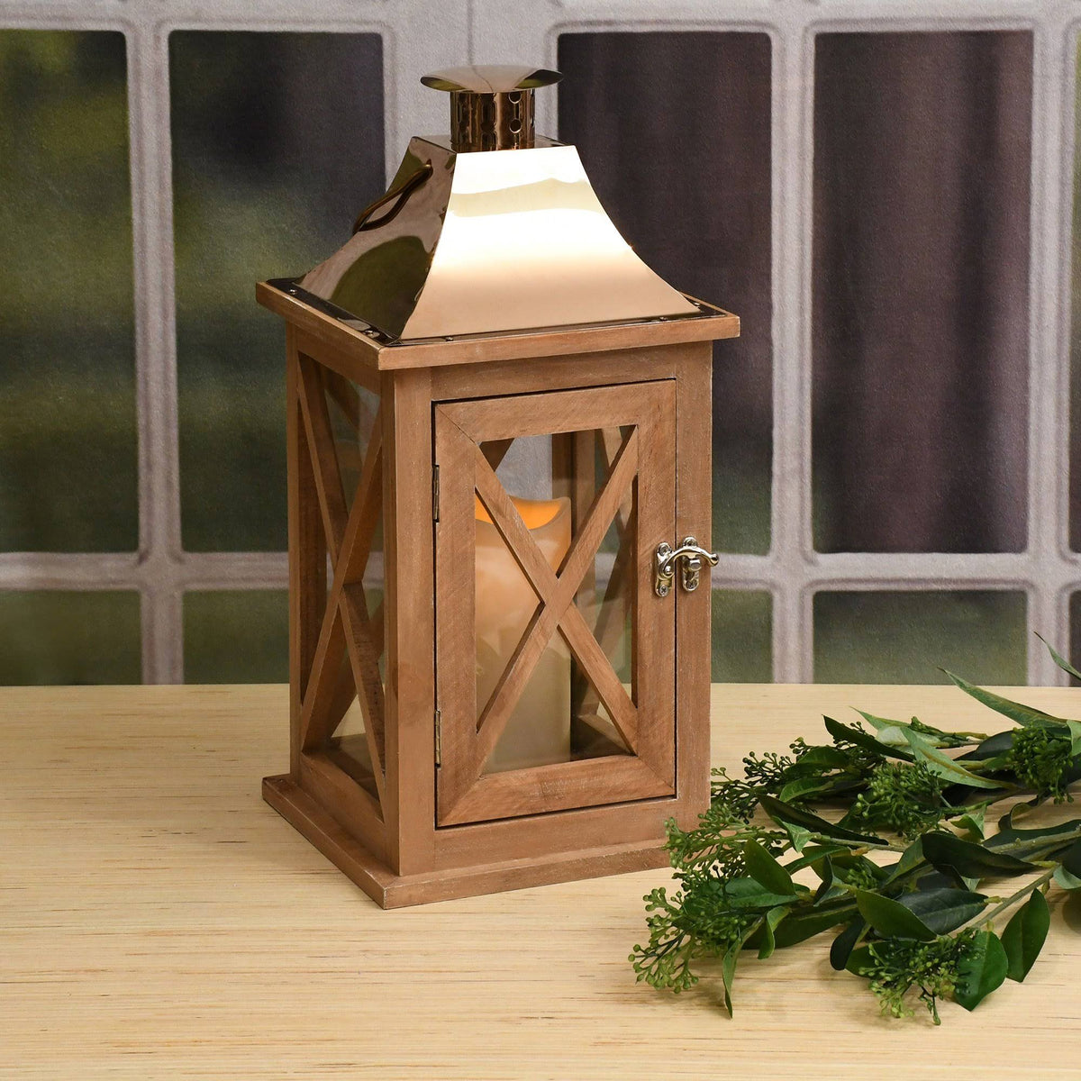 Natural Wooden Lantern with Copper Roof and LED Candle X103567