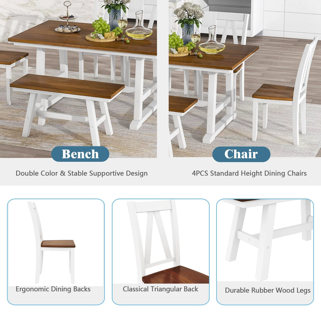 White 6-Piece Wood Dining Table Set with Bench and Chairs P268420