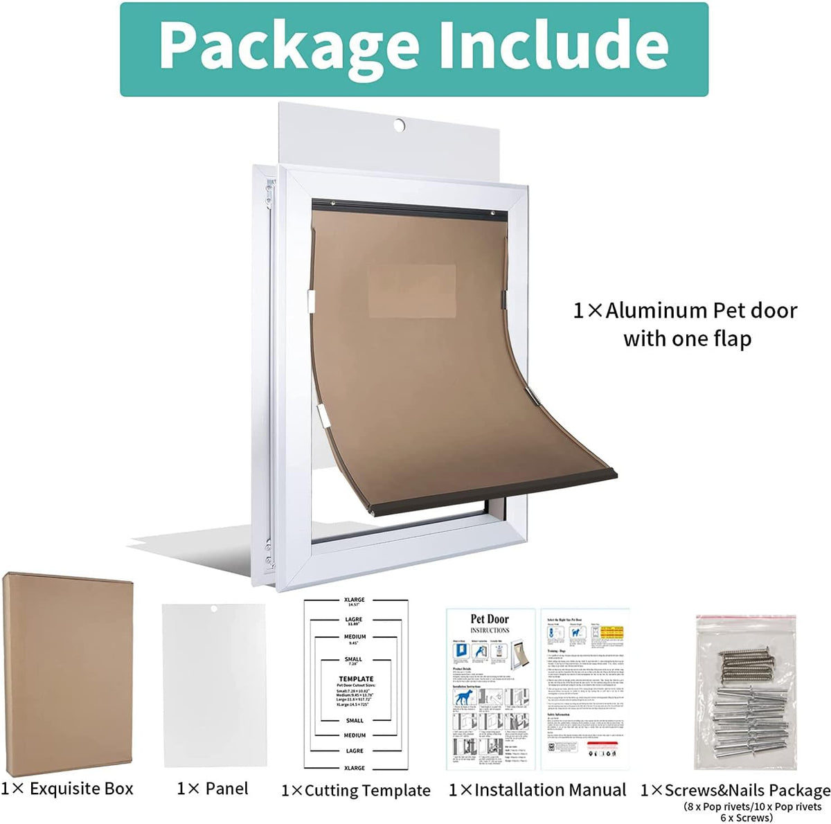 Large Pet Door Aluminum Dog Door Cat Door with Slide-in Lock Panel and Magnetic Flaps K2278