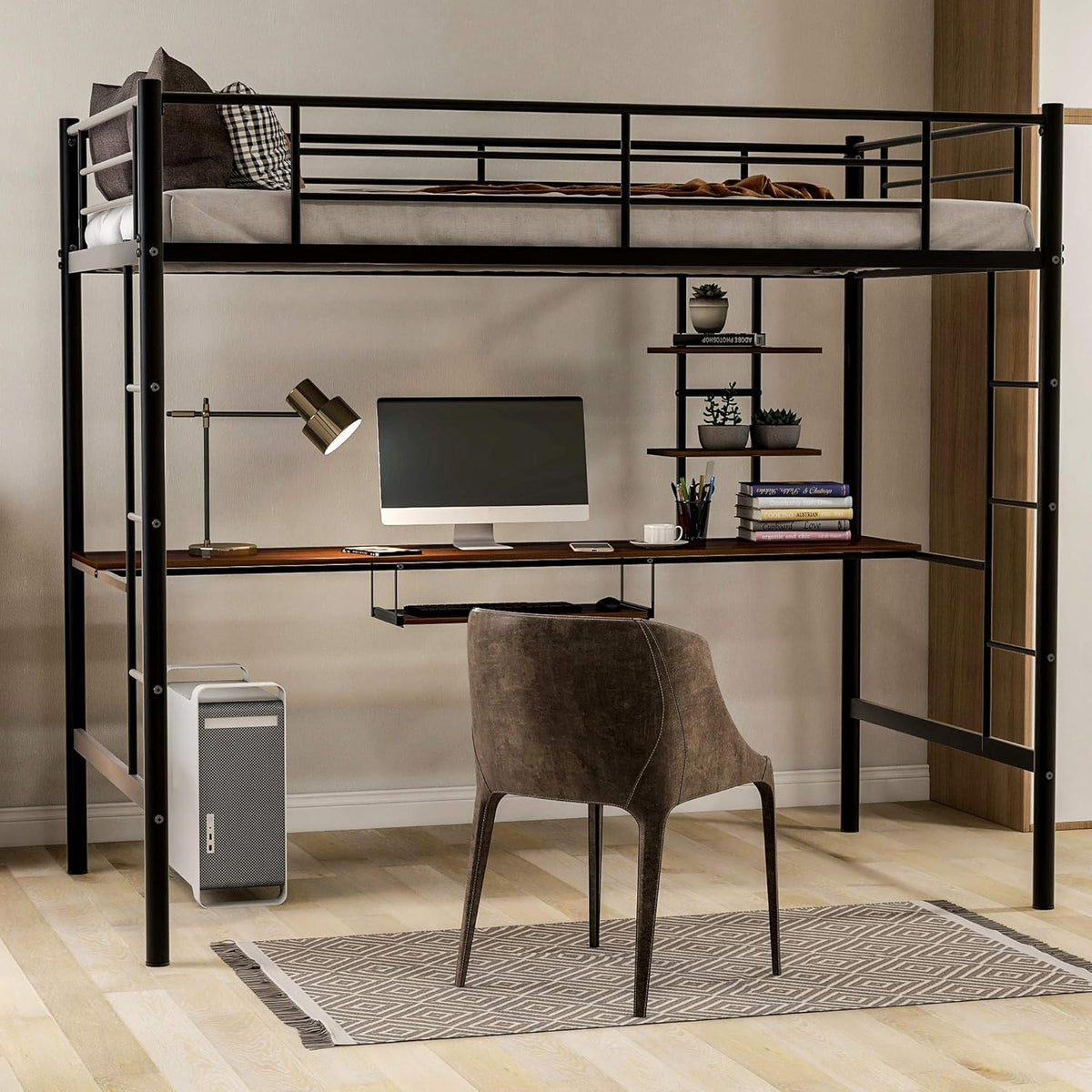 Twin Metal Loft Bed with Desk and Storage Shelf Z78975