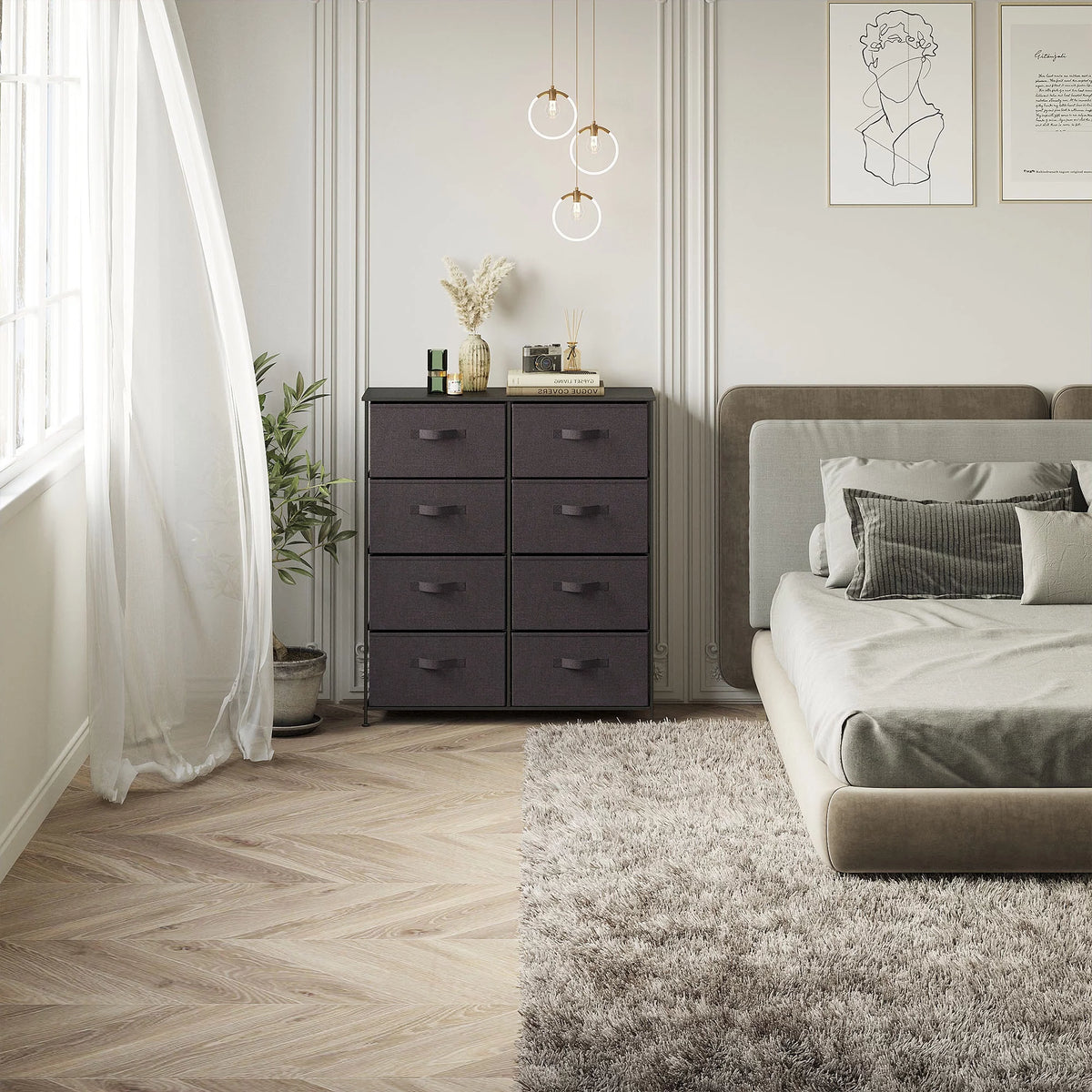 8 Drawer Fabric Dresser with Wooden Top Shelf S91358