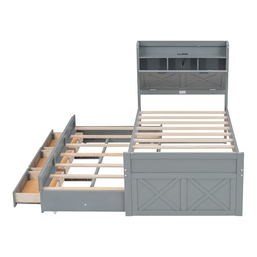 White Twin Size Wood Captain Platform Bed with Bookcase Headboard G54480