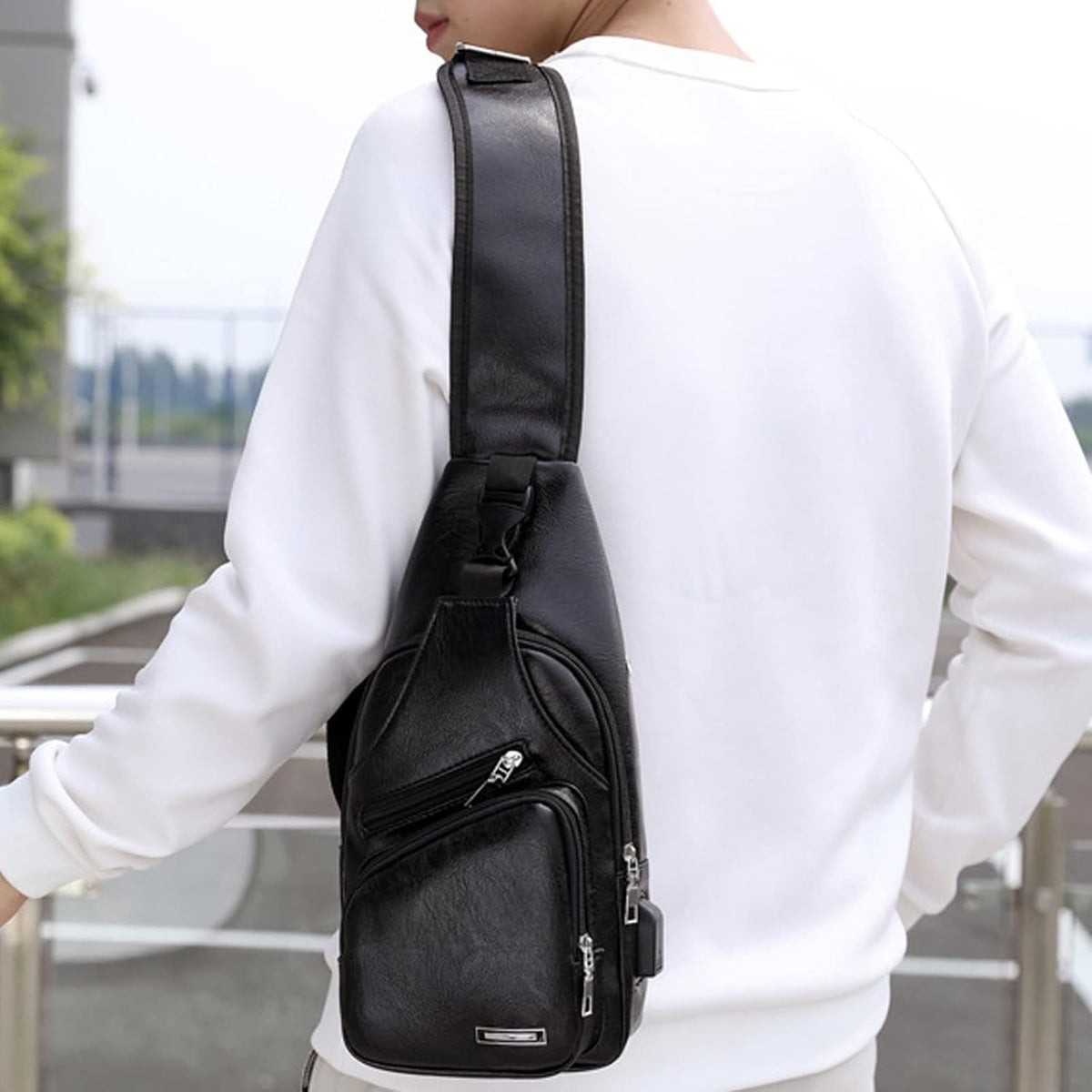 Waterproof Leather Sling Backpack with USB Charging Port P77207