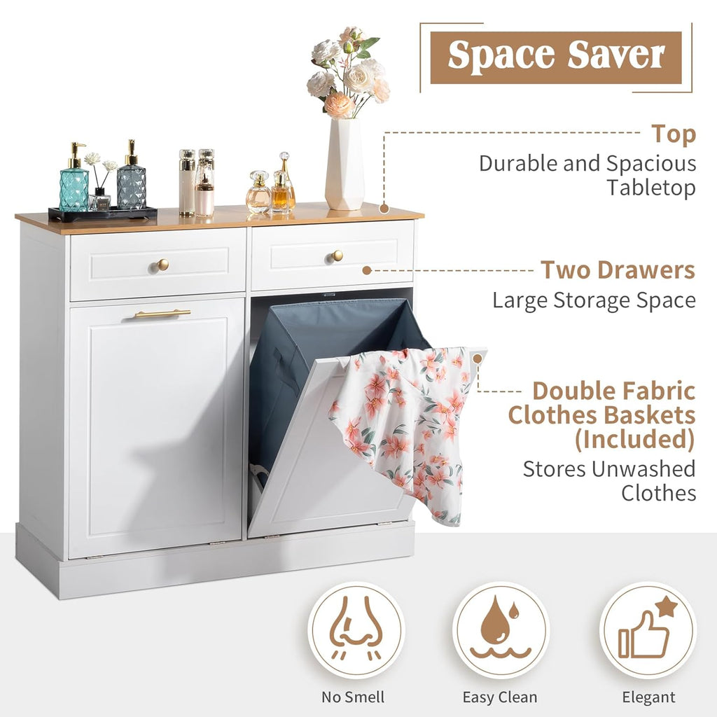 White 2 Doors 2 Drawers 2 Baskets Trash Cabinet I85363