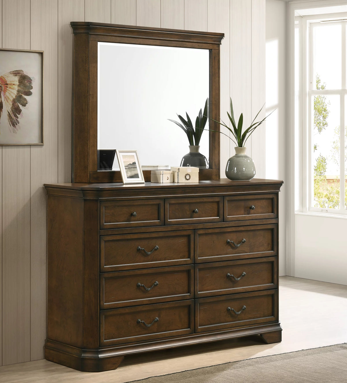 Queen Wood Panel Bed with Dresser, Mirror, Nightstand Y802381