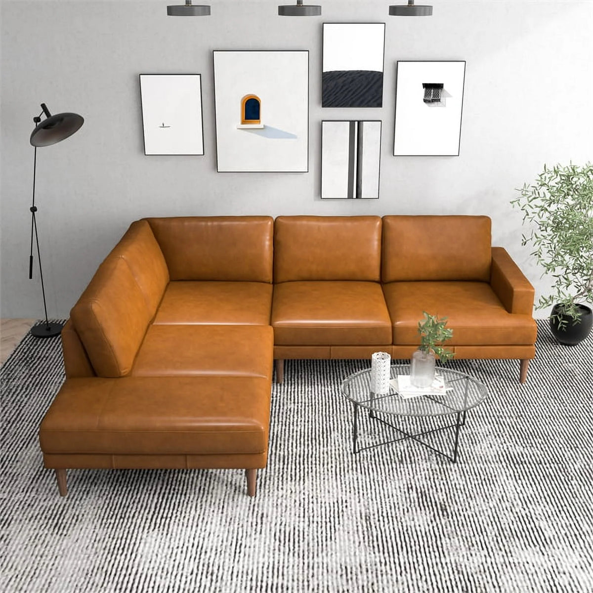 Cognac Tan Genuine Leather Corner Sectional Couch H704