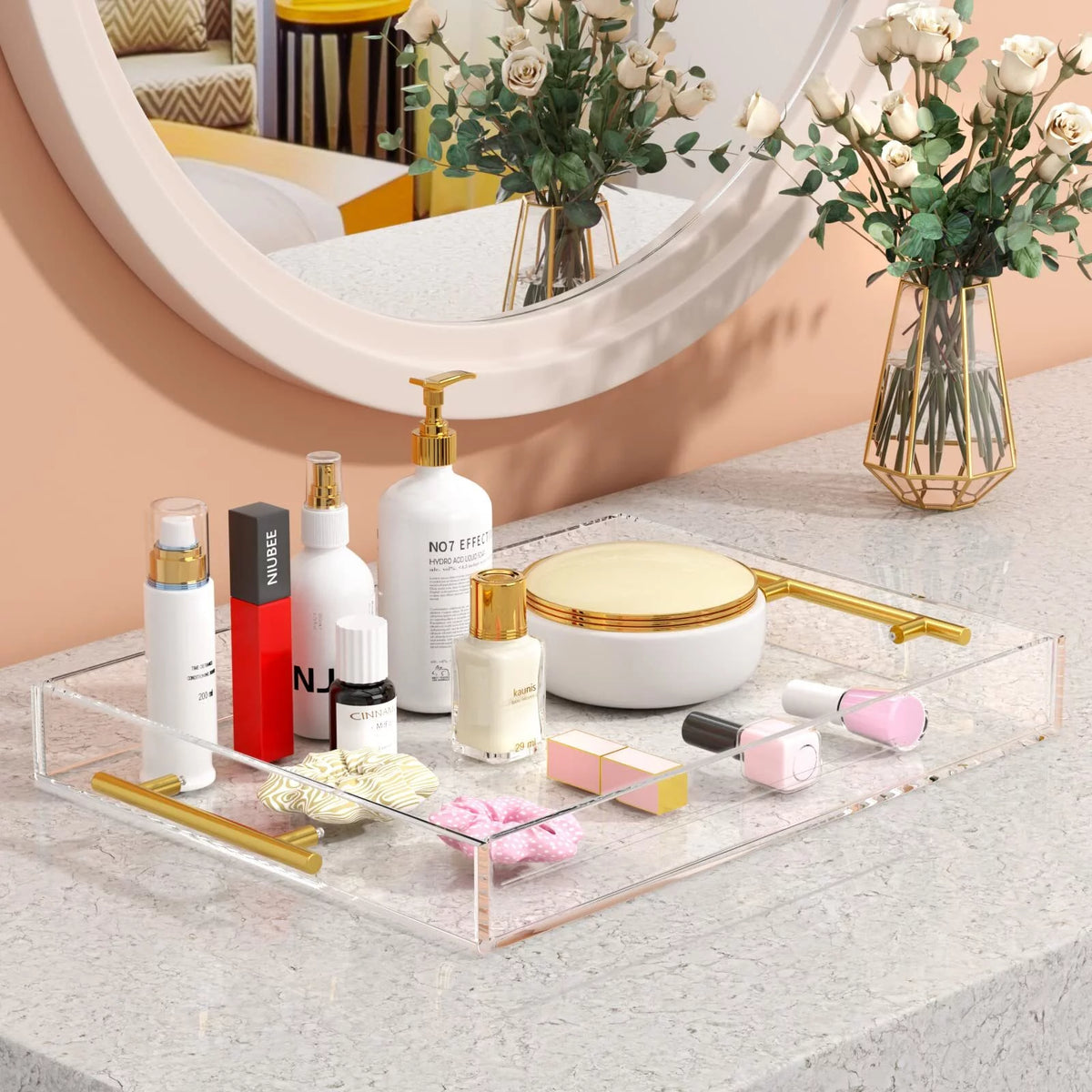 Rectangular Clear Decorative Tray with Gold Handle J444