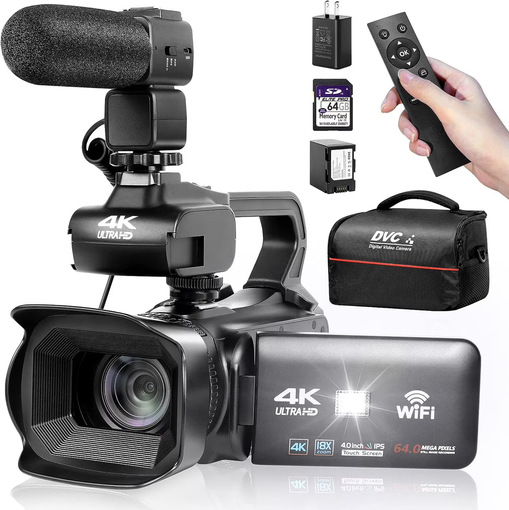 4k Video Camera Camcorder with 18X Digital Zoom, 64MP, 4.0-inch Rotating Touchscreen, 64GB SD Card, Microphone, Remote Control, Durable Battery (Black) E904540