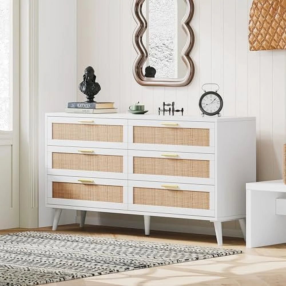 White 6 Drawer Rattan Wooden Dresser N5915