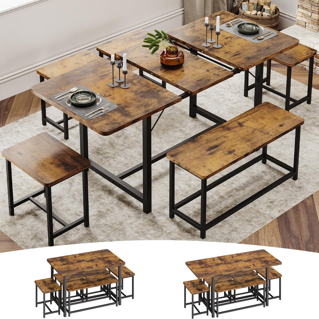 6 Piece Extendable Dining Table Set with Bench and 4 Stools K867