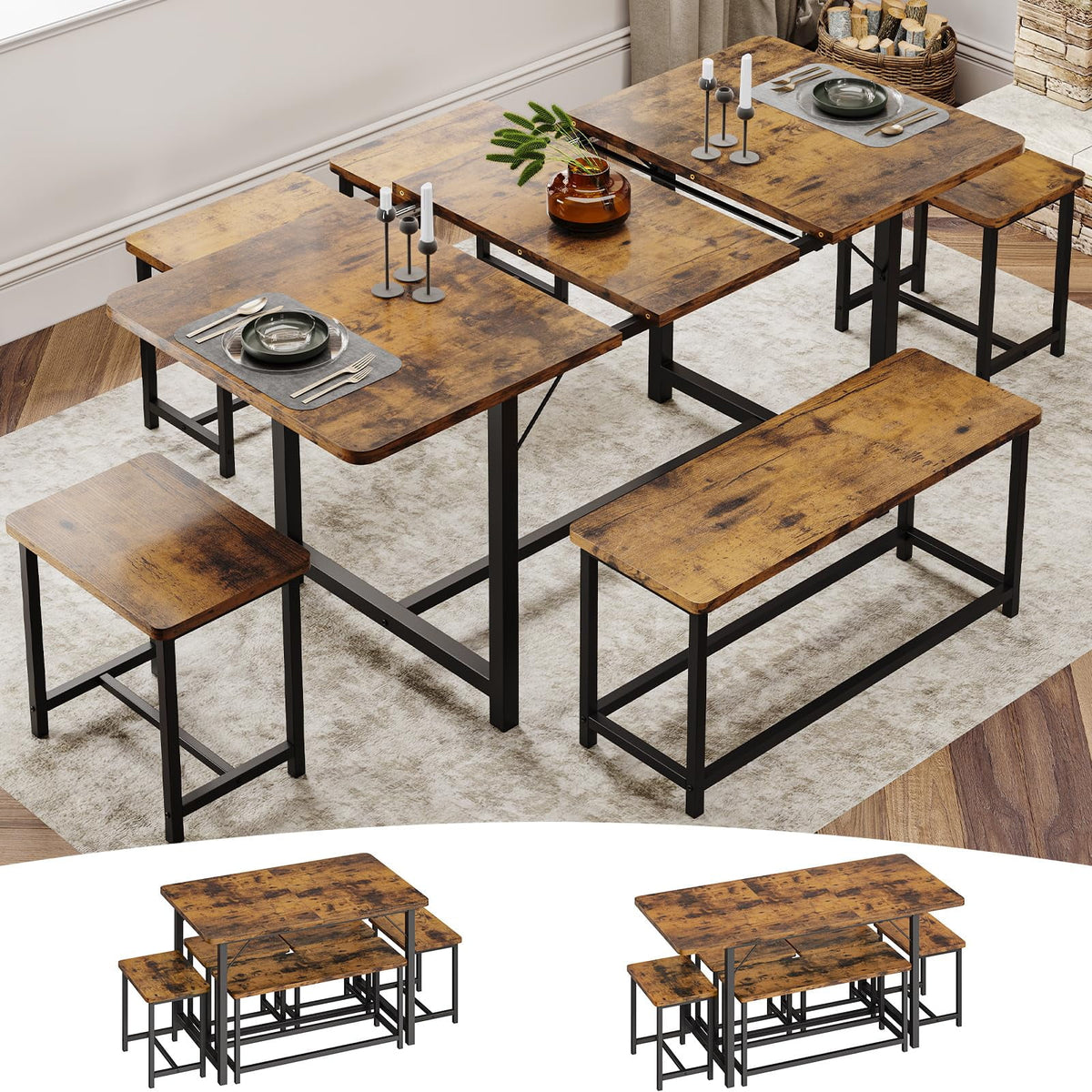 6 Piece Extendable Dining Table Set with Bench and 4 Stools K867