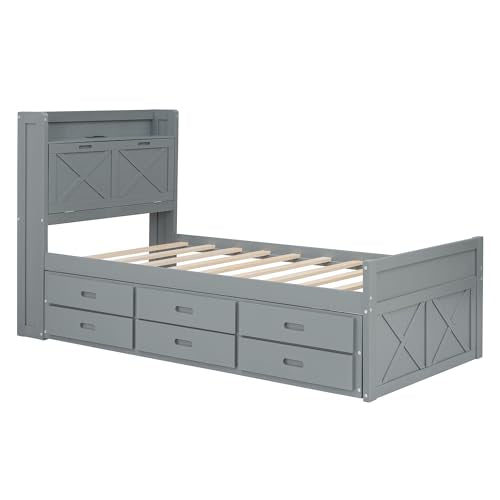 White Twin Size Wood Captain Platform Bed with Bookcase Headboard G54480