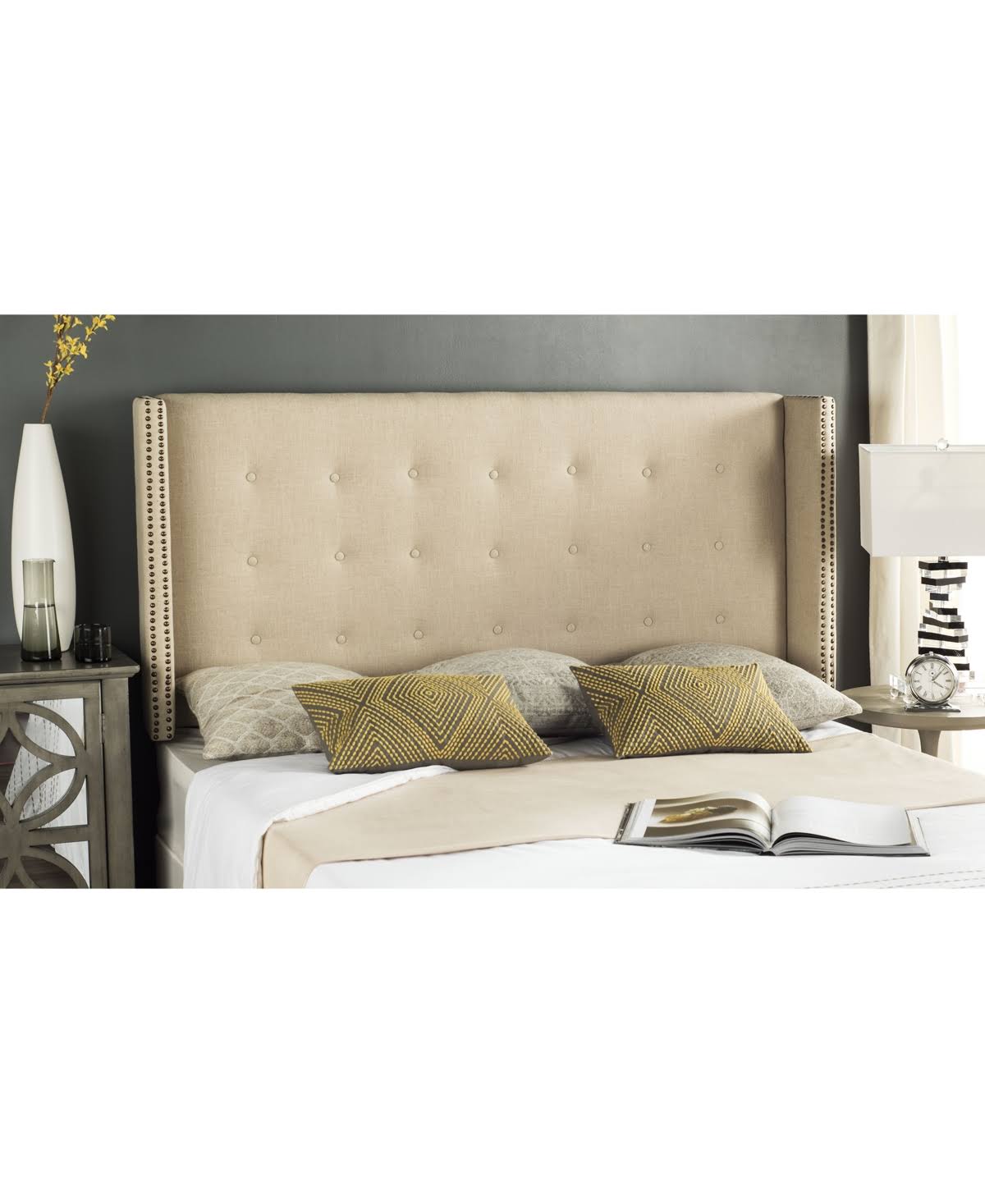 Navy Linen Tufted Winged Headboard Queen G359
