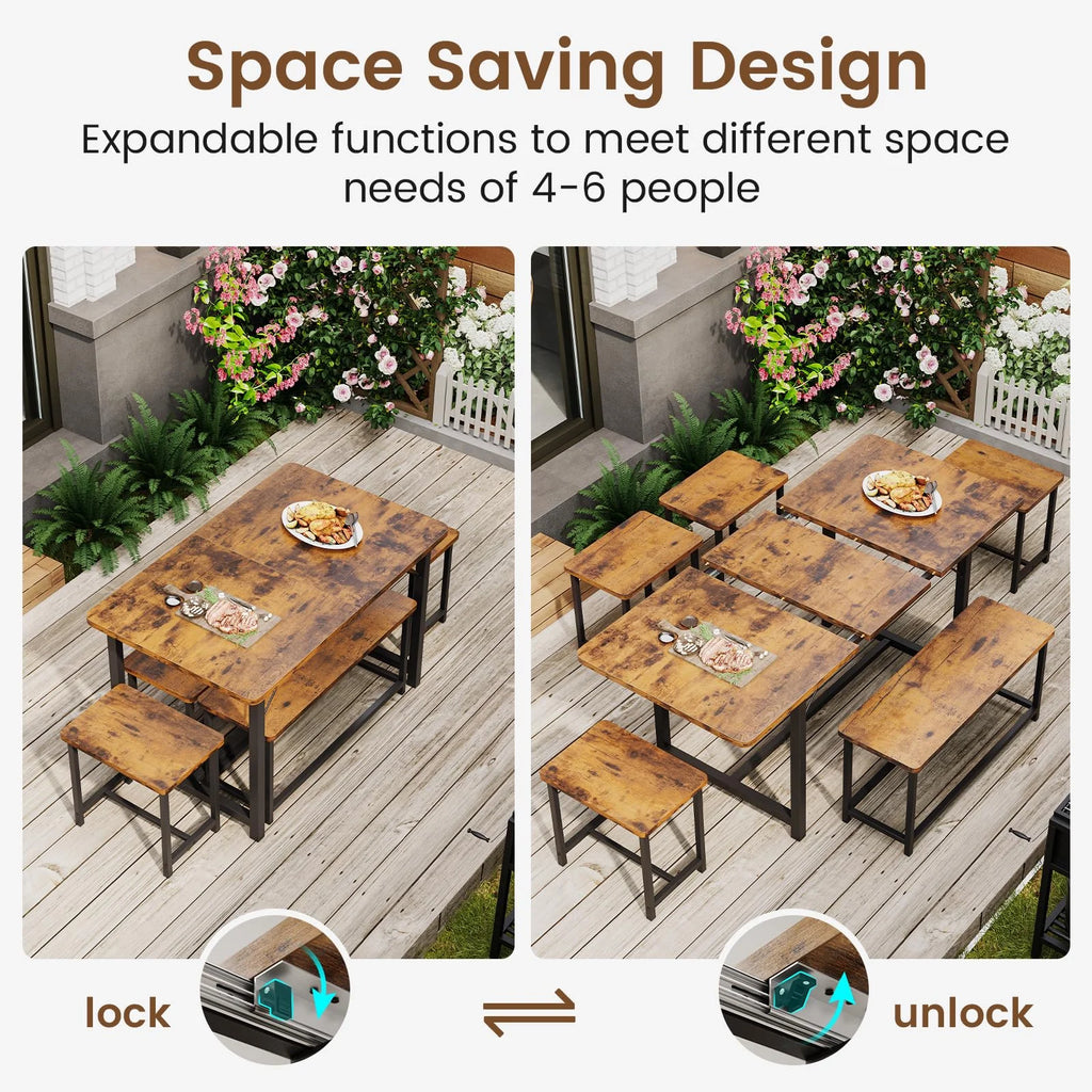 6 Piece Extendable Dining Table Set with Bench and 4 Stools K867