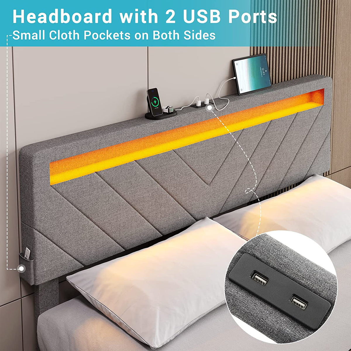 Queen Upholstered Bed Frame with 4 Storage Drawers and USB Charging Station D490251