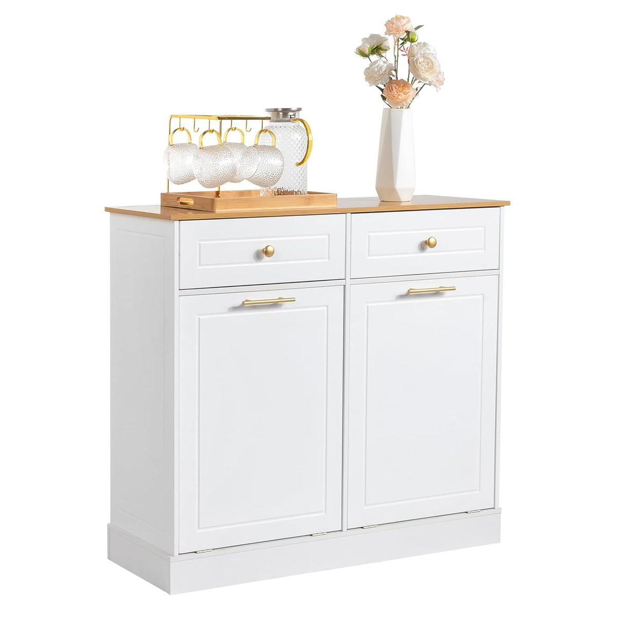 White 2 Doors 2 Drawers 2 Baskets Trash Cabinet I85363