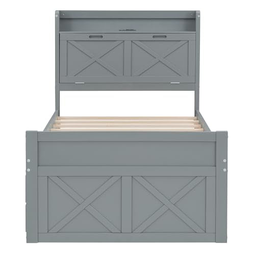 White Twin Size Wood Captain Platform Bed with Bookcase Headboard G54480