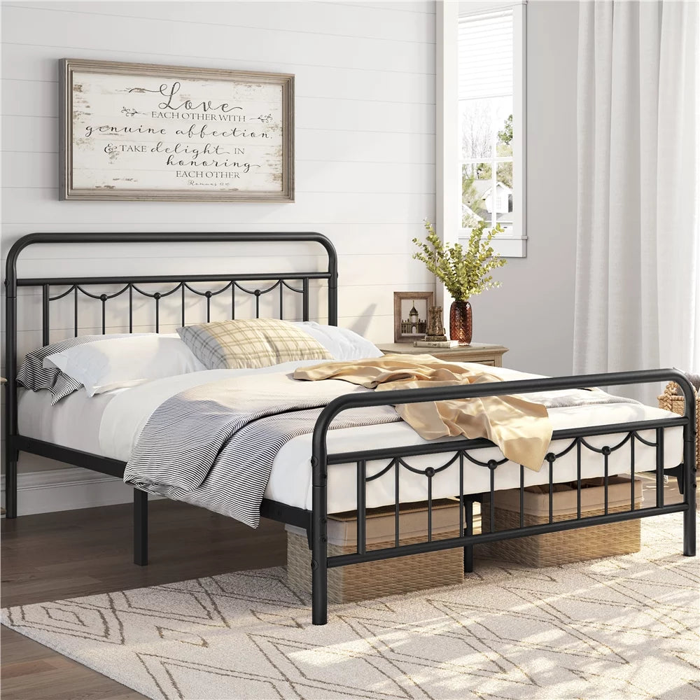 Queen Metal Platform Bed Frame with Vintage Headboard and Footboard T7074