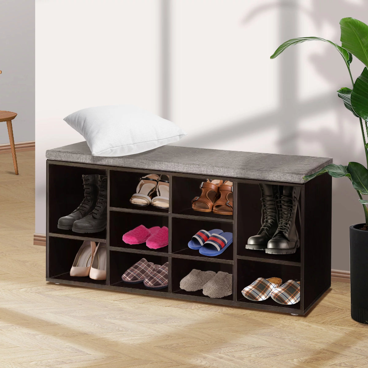 3 Tier Shoe Bench with Cushion Seat and Adjustable Shoe Rack U4376