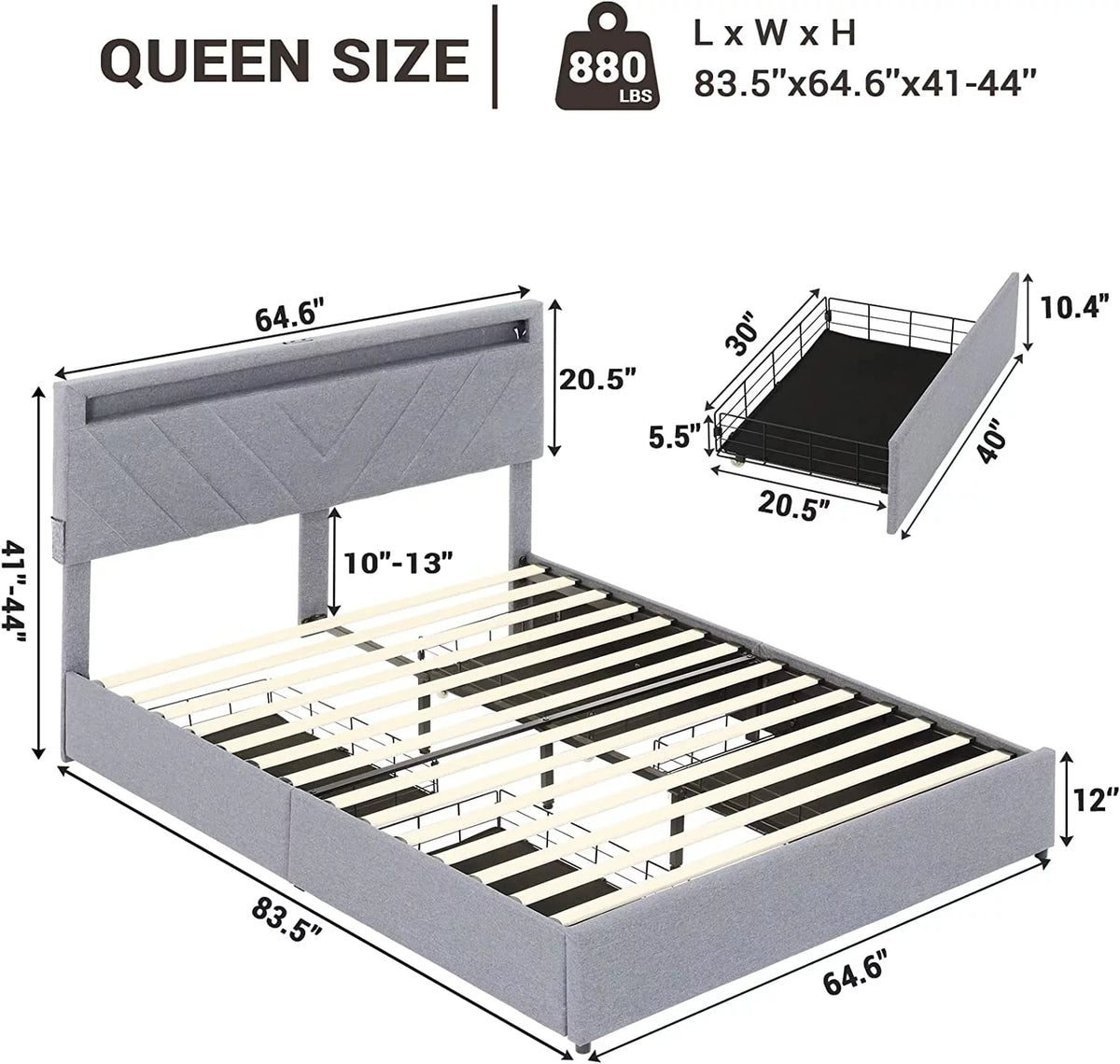 Queen Upholstered Bed Frame with 4 Storage Drawers and USB Charging Station D490251