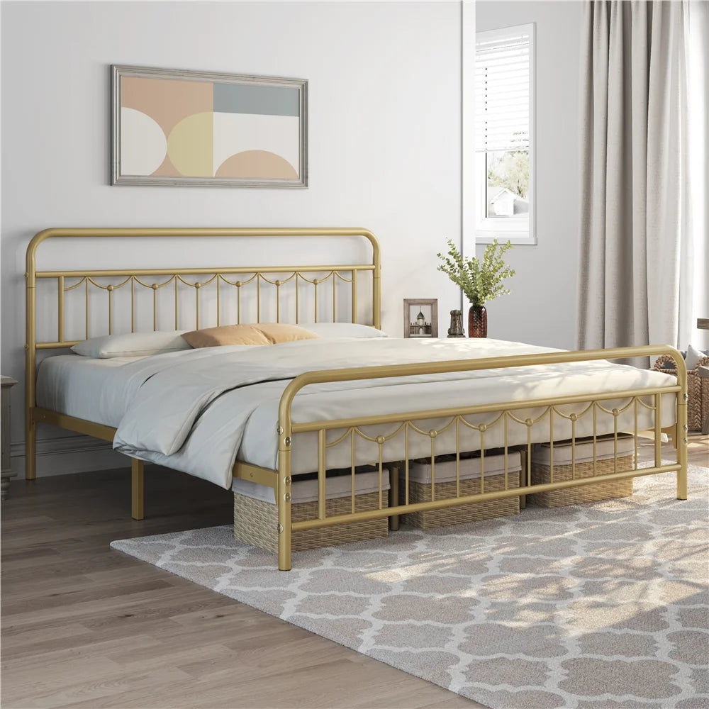 Queen Metal Platform Bed Frame with Vintage Headboard and Footboard T7074