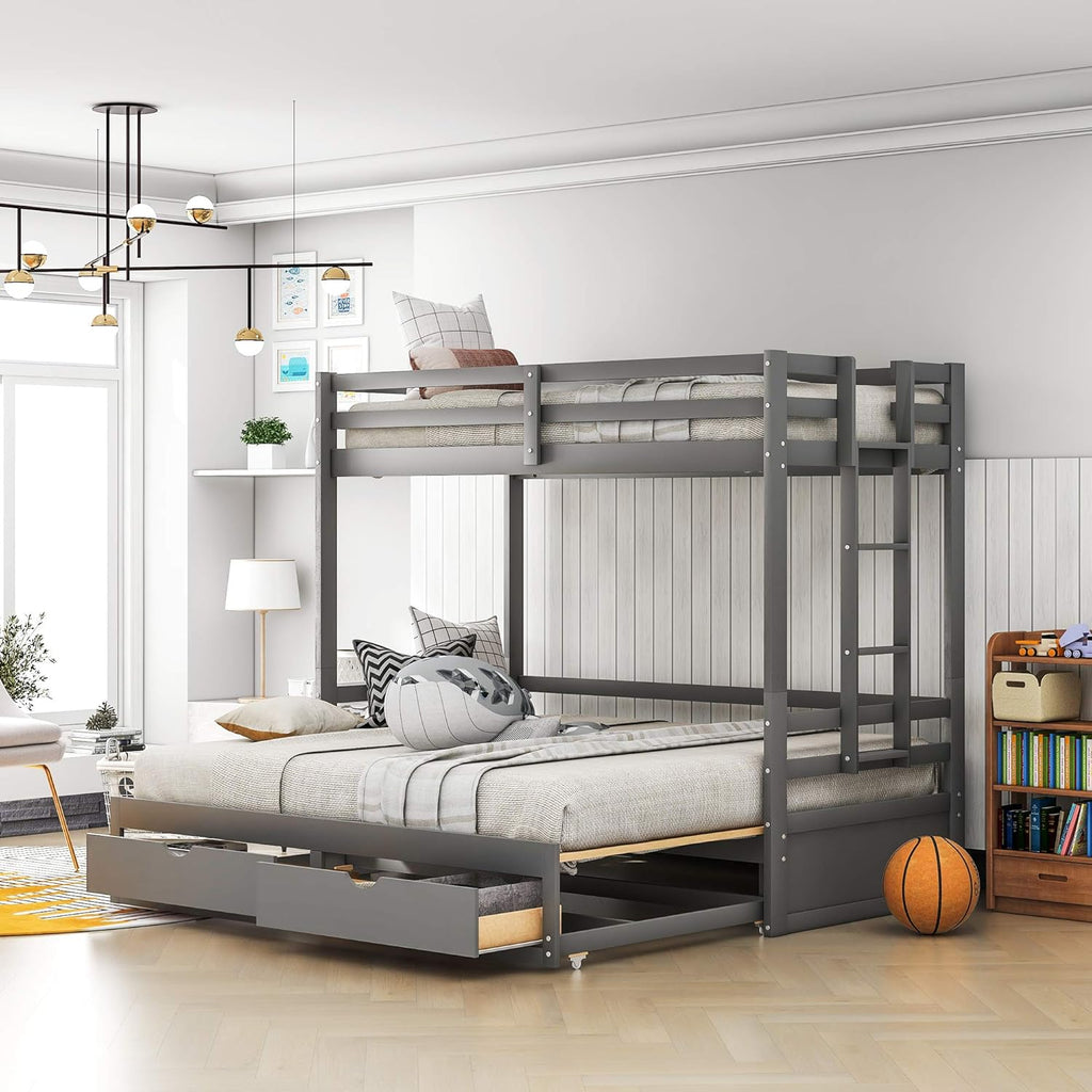 Twin Over Pull-Out Bunk Bed with Two Drawers, Wooden, White U2291