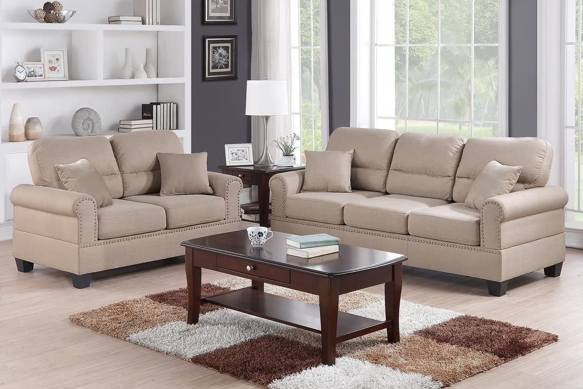 Modern Sand Fabric Sofa Loveseat Set E572367