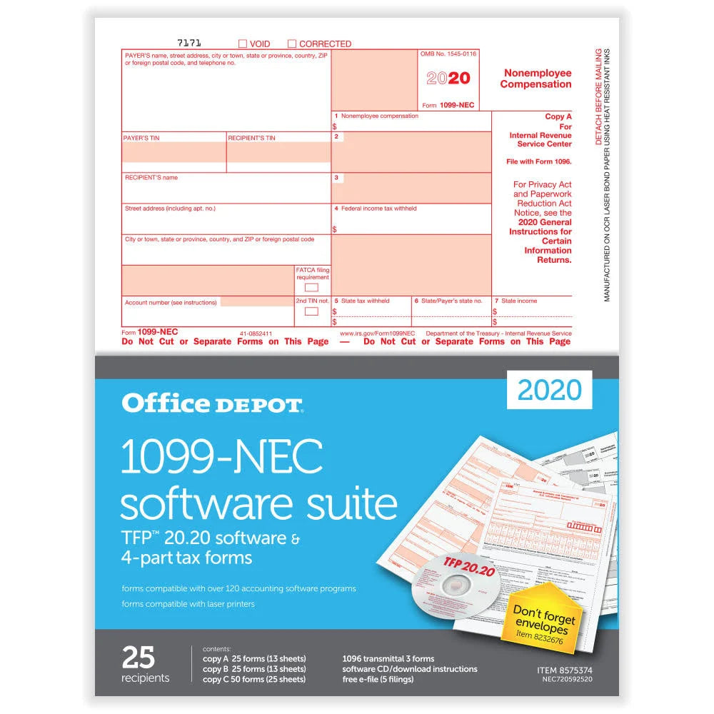 1099-NEC Laser Tax Forms, 2-Up, 4-Part, 8-1/2 inch x 11 inch, Pack of 25 S782