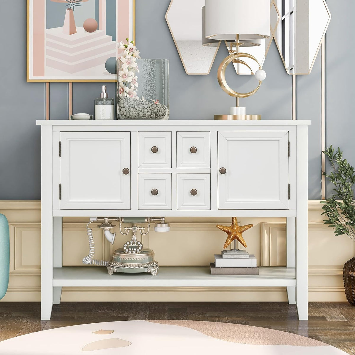 Solid Wood Console Table with 3 Drawers, 2 Cabinet and 1 Shelf G813