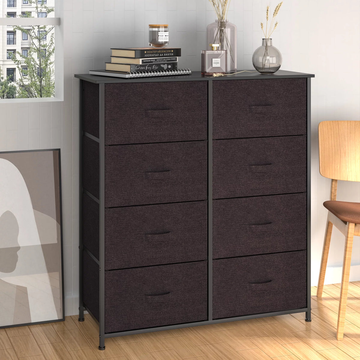 8 Drawer Fabric Dresser with Wooden Top Shelf S91358