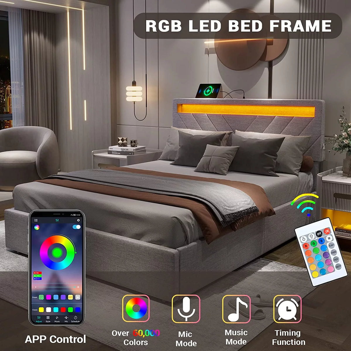 Queen Upholstered Bed Frame with 4 Storage Drawers and USB Charging Station D490251