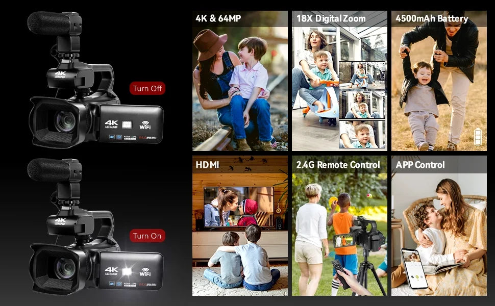 4k Video Camera Camcorder with 18X Digital Zoom, 64MP, 4.0-inch Rotating Touchscreen, 64GB SD Card, Microphone, Remote Control, Durable Battery (Black) E904540
