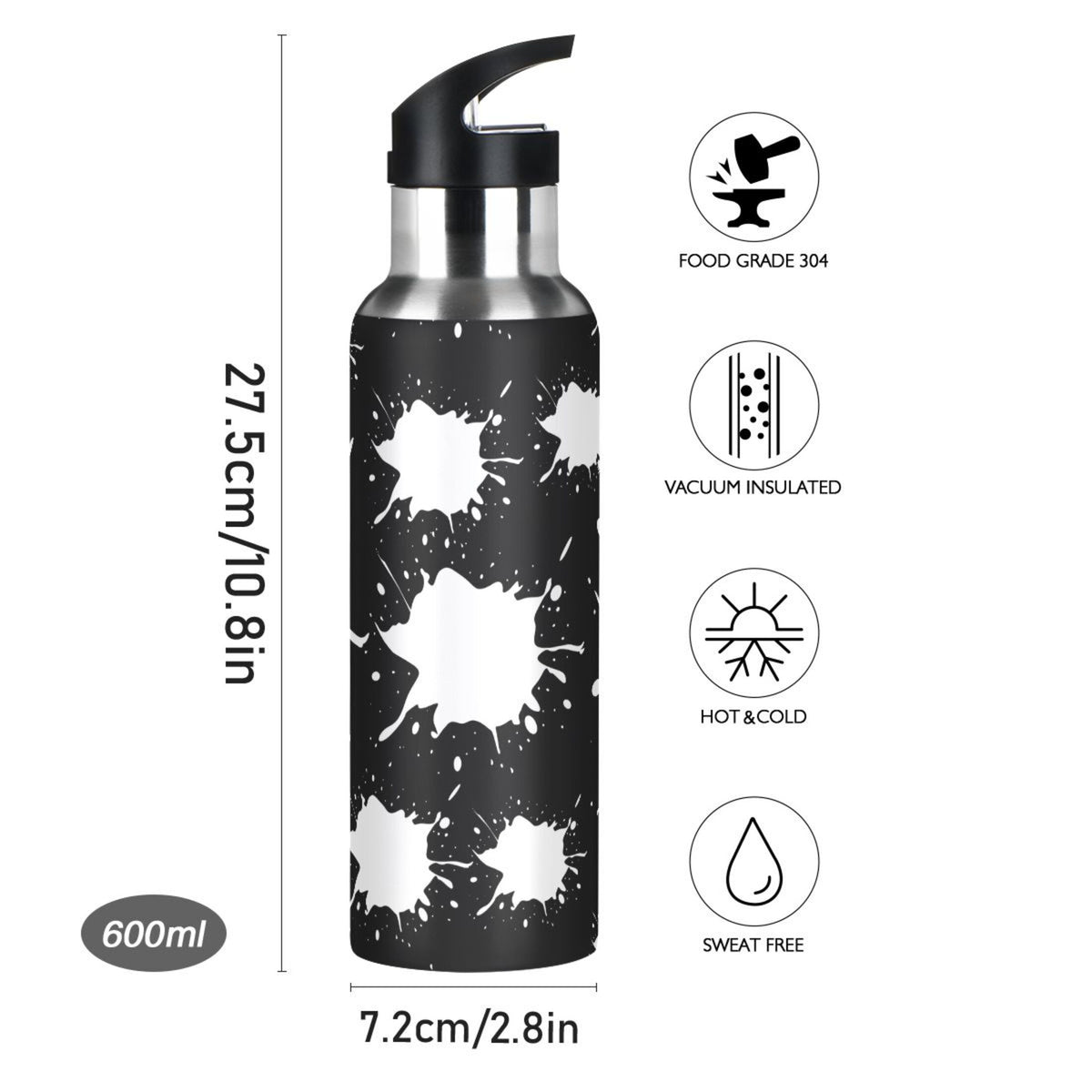Black White 20 OZ Stainless Steel Vacuum Insulated Water Bottle with Straw Lid B96630