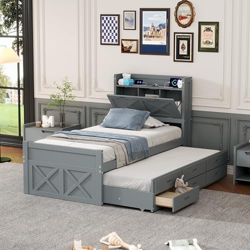 White Twin Size Wood Captain Platform Bed with Bookcase Headboard G54480