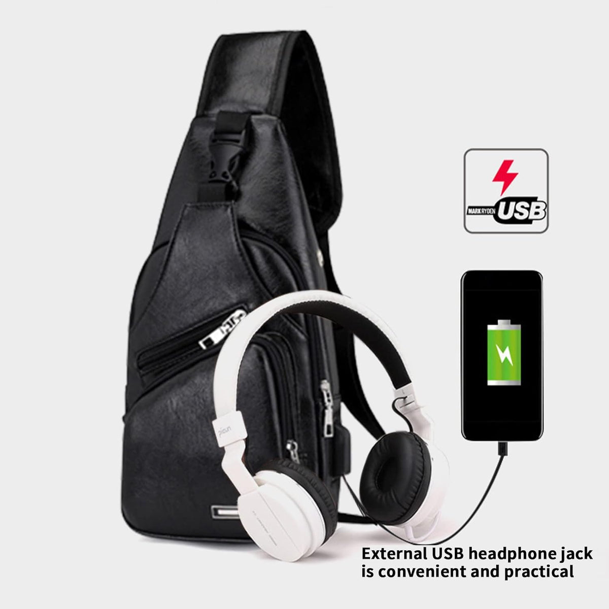Waterproof Leather Sling Backpack with USB Charging Port P77207
