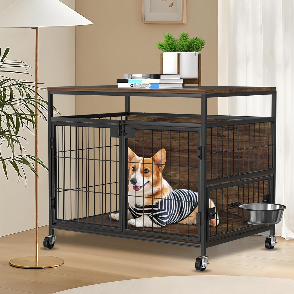 31" Heavy Duty Wooden Dog Crate Furniture with Wheels O899