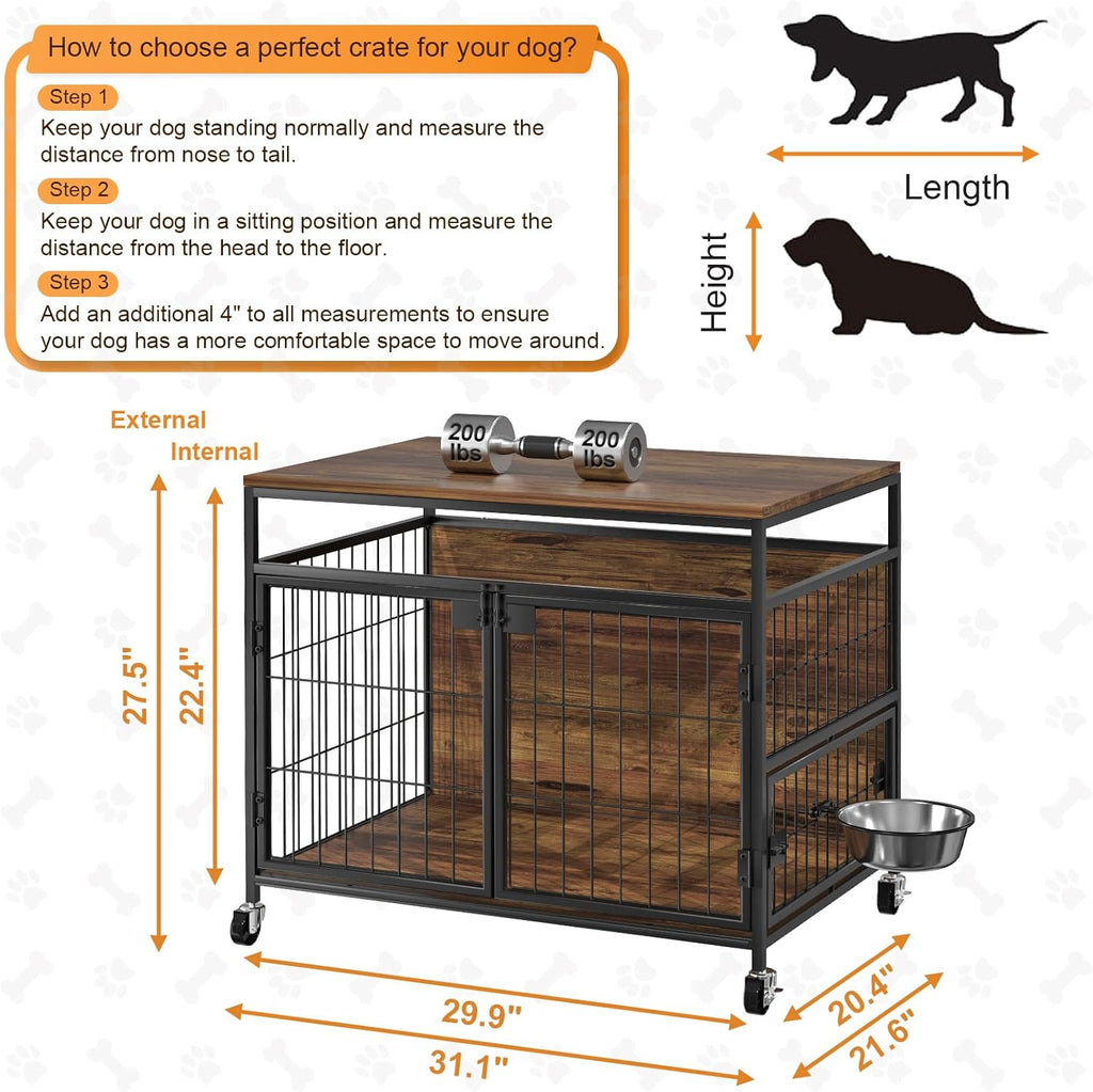 31" Heavy Duty Wooden Dog Crate Furniture with Wheels O899