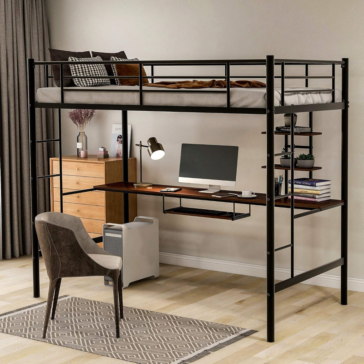 Twin Metal Loft Bed with Desk and Storage Shelf Z78975