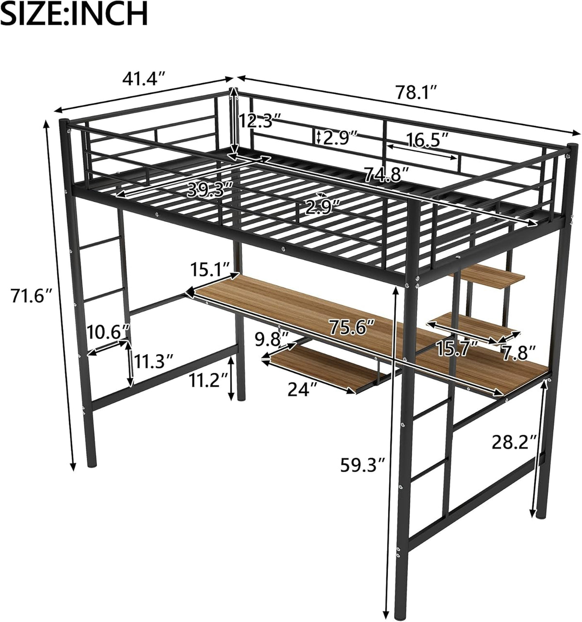 Twin Metal Loft Bed with Desk and Storage Shelf Z78975
