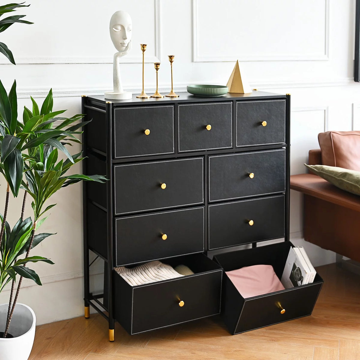 Black 9 Drawer Dresser with Steel Frame C748