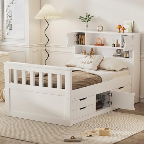 White Twin Size Wood Captain Platform Bed with Bookcase Headboard G54480