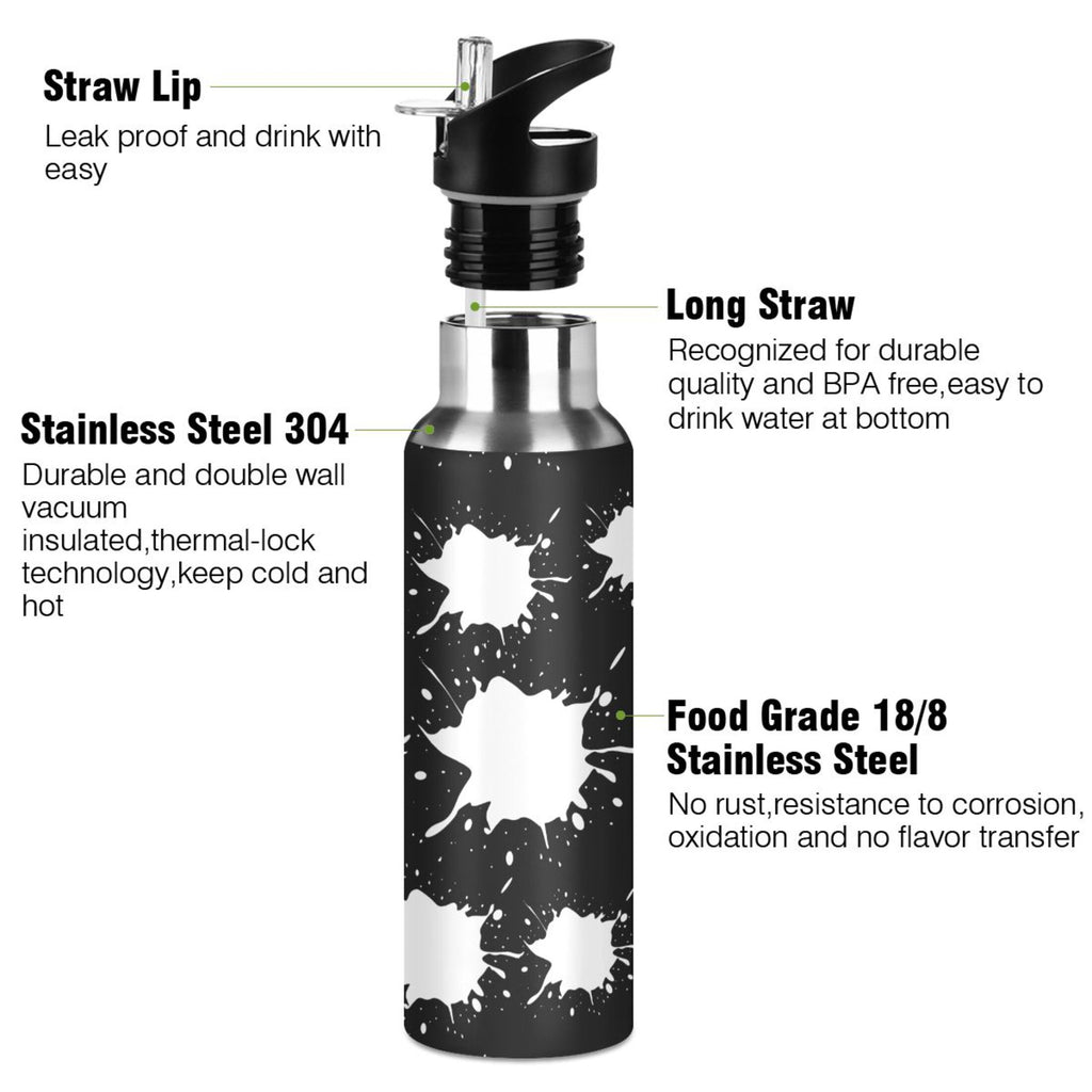 Black White 20 OZ Stainless Steel Vacuum Insulated Water Bottle with Straw Lid B96630
