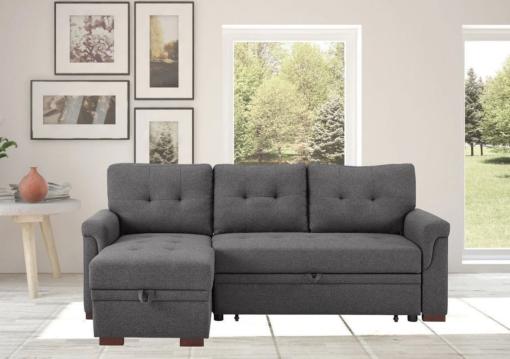 Linen Reversible Sleeper Sectional Sofa with Storage Chaise Dark Gray U847